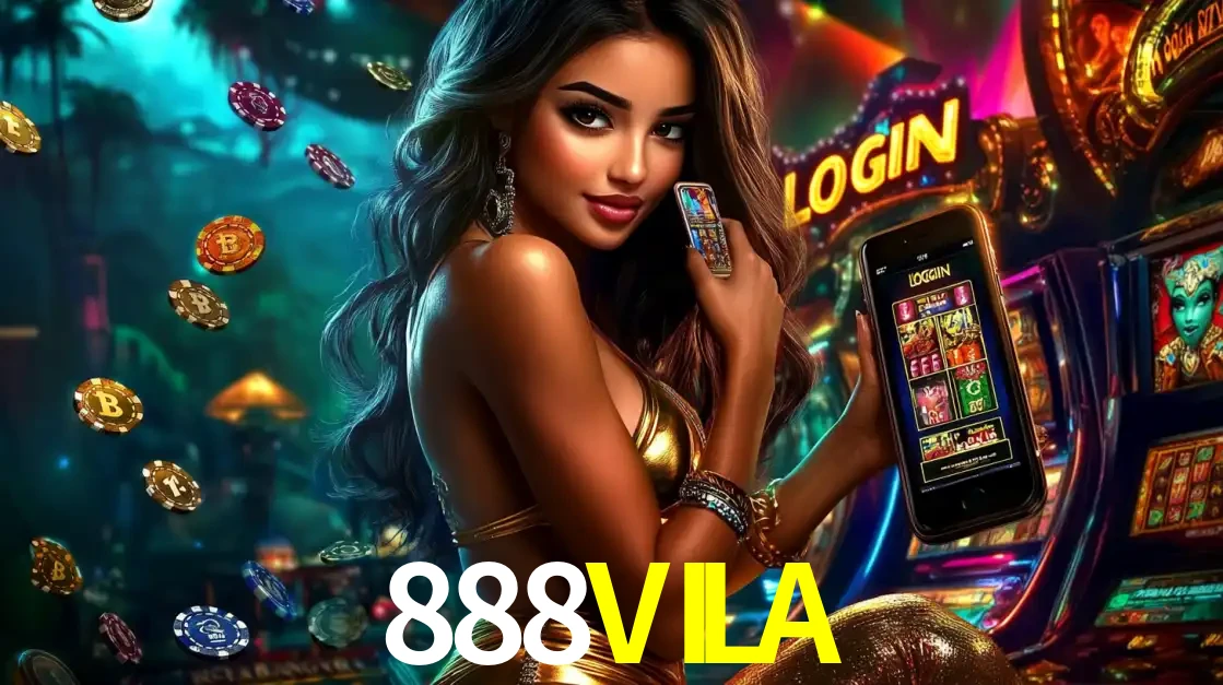 Mulher em um cenário de cassino temático de aventura, mostrando o app de caça-níqueis da 888VILA no celular. Fichas de apostas flutuam ao redor.