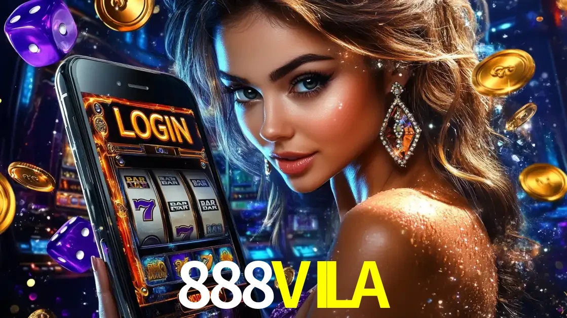 Mulher glamorosa segurando um smartphone com a tela de login para os jogos de caça-níqueis do cassino online 888VILA, com moedas de ouro e dados ao redor.