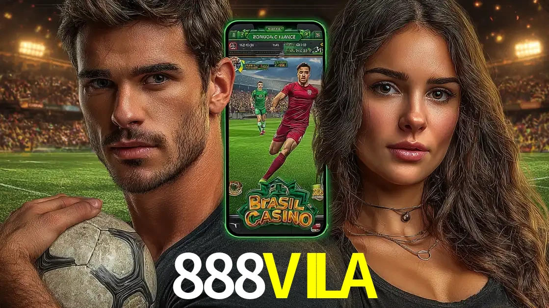 Homem segurando uma bola de futebol e uma mulher ao lado de um smartphone exibindo o jogo de apostas esportivas da 888VILA. Faça seu palpite no cassino online.